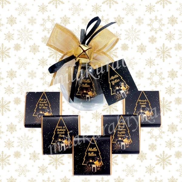 Kişiye Özel Yılbaşı Çikolatası Top Kutu - Siyah Gold