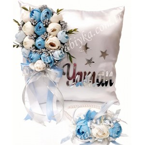 İsme Özel Erkek Bebek Takı Yastığı - Lohusa Tacı Seti ( Mavi - Beyaz )