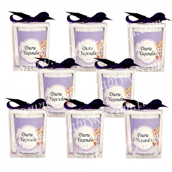 Kutulu Bardak Mum Doğum Günü Hediyesi - Ayıcıklı - Lila