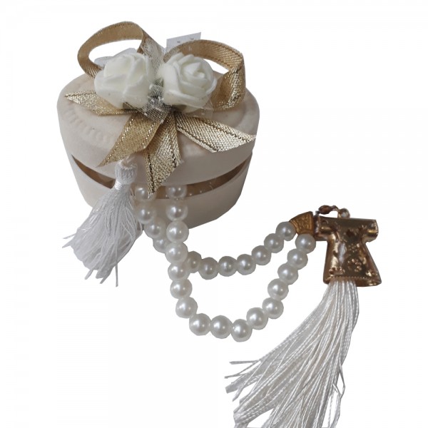 Krem Kadife Kutulu İnci Tesbih ( Krem Rengi Güllü )