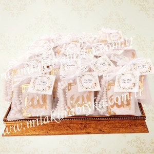 Hediyelik Mini Kuran Kokulu Tesbih Seti Keseli - Krem Rengi